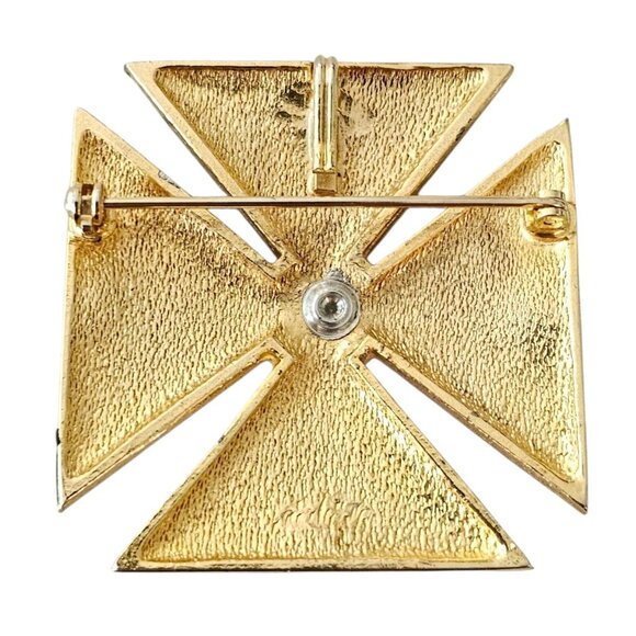 Maltese Cross Brooch Black Enamel, Red Rhinestone Pin Pendant - Picture 7 of 10